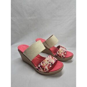 Women’s Crocs Leigh II 202518 Pink Floral Slip On Wedge Heels Shoes Size 6